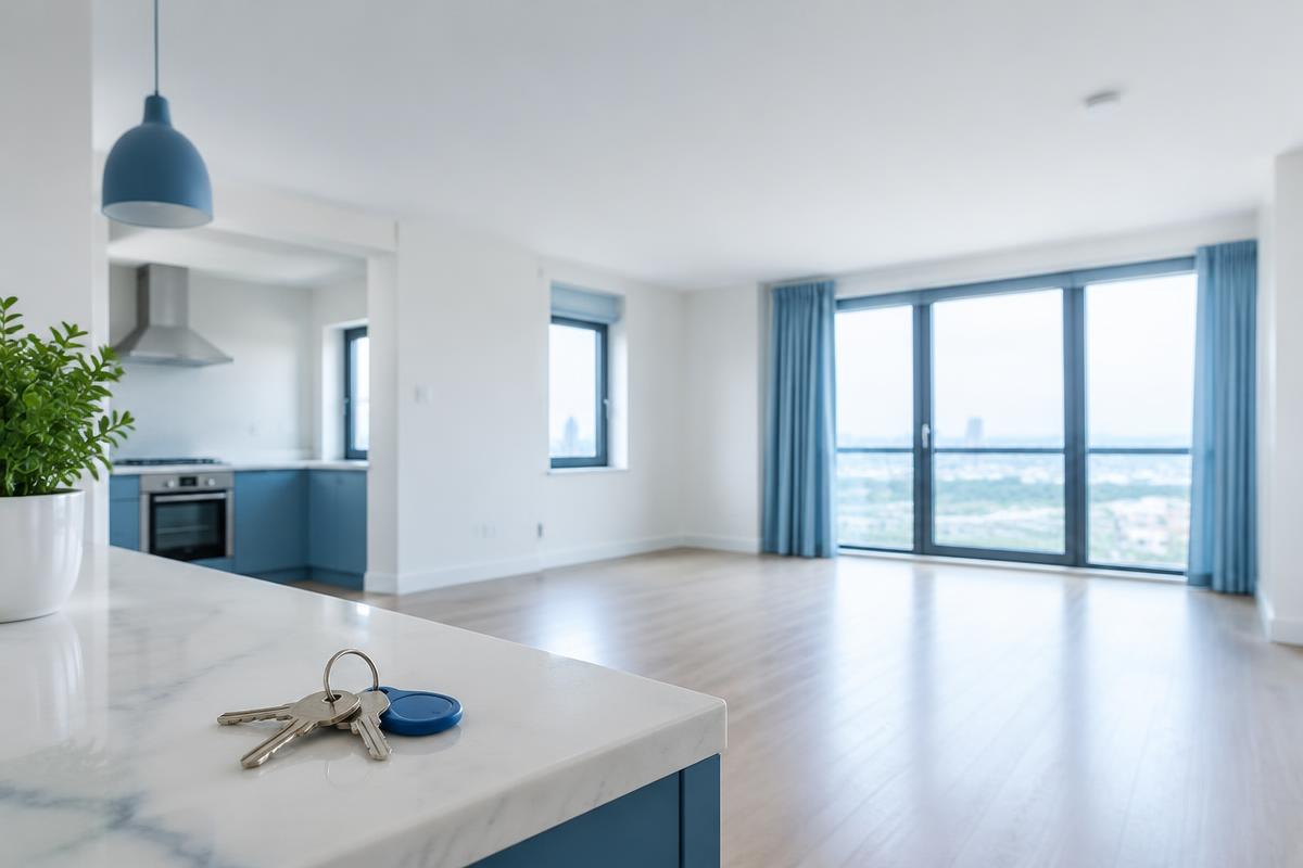 Appartement rénové et vide, clés sur le plan de travail