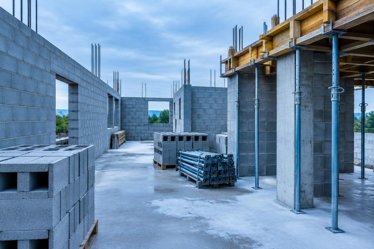 Chantier de maçonnerie en blocs béton