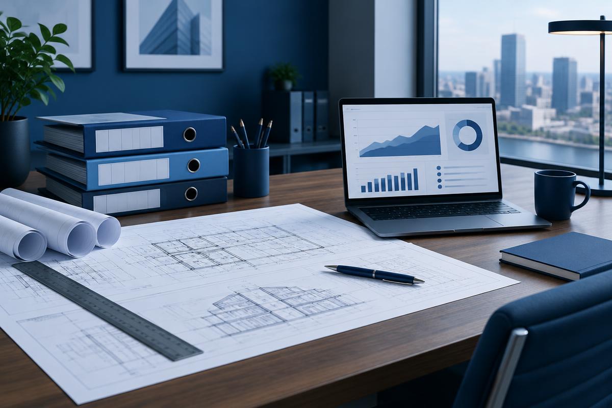 Bureau avec plans, classeurs et tableau de bord