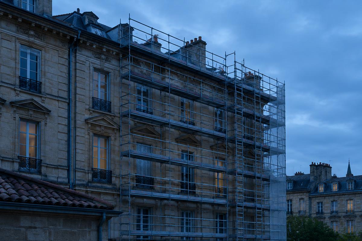Immeuble ancien en pierre sous échafaudage